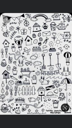 a black and white drawing of many different things