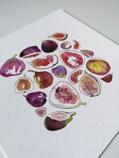 an art print with various fruits and vegetables on it's surface, including watercolors