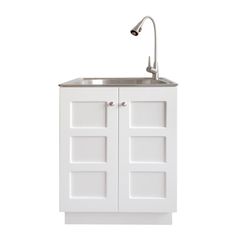 a white cabinet with a sink and faucet on it's side, against a white background