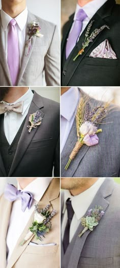 four different pictures of men in suits with boutonnieres and flowers on their lapels