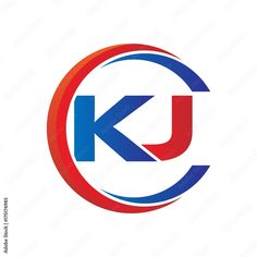 the letter kj in a circle with blue and red colors on it's side