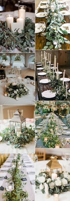 the table is set with candles and greenery