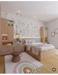 the bedroom is decorated in pastel colors and has a large bed with floral wallpaper