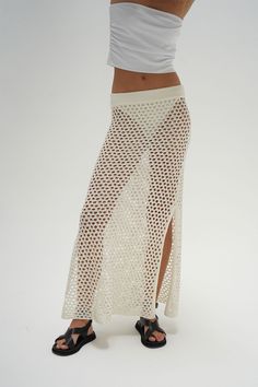 LNA Kylie Open Knit Skirt in Ivory Crochet Skirt Maxi, Lollapalooza Outfit, Sheer Maxi Skirt, Clothing Website, Knit Maxi Skirt, Crochet Skirt, Clothing Websites, Skirt Fits, Open Knit