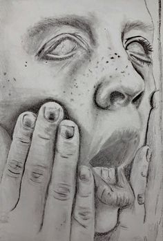 a pencil drawing of a woman's face with her hands on her mouth and nose