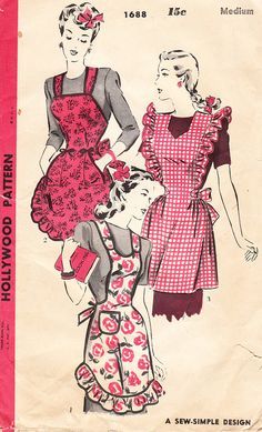 two women in aprons and dress sewing pattern