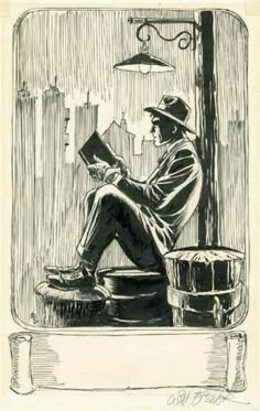 a drawing of a man sitting on top of a barrel next to a bucket and holding a book