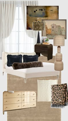 the bedroom is decorated in shades of beige and brown, with animal print accessories on the bed