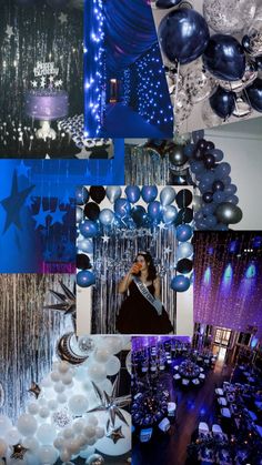 a collage of blue and silver balloons, streamers, stars, and other decorations