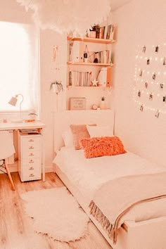 a bedroom with a bed, desk and bookshelf on the wall above it