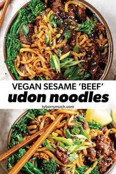 vegan sesame beef udon noodles in a bowl with chopsticks on the side