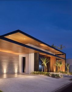 a modern house is lit up at night with palm trees in the front and side