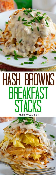 hash browns breakfast stacks are stacked on top of each other and ready to be eaten