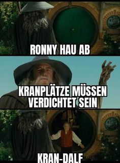 an image of the wizard in front of a green door with caption that reads rony hau ab kramplize mussen verdheit sein