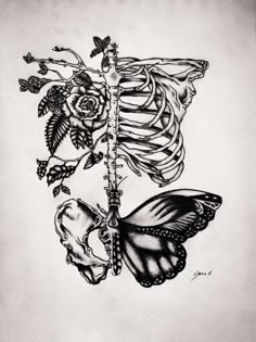 a drawing of a skeleton with flowers and a butterfly on it's back, in black and white