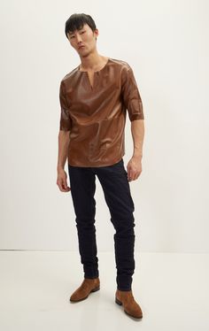 Originally part of our LA Fashion Week collection. It's a rare genuine leather three quarter V neck Shirt Due to the preciousness of the materials, leather items are handmade in our Ron Tomson manufacturing facility in small batch quantities. V Neck Shirt, La Fashion Week, Jackets Men Fashion, Manufacturing Facility, Leather Pieces, La Fashion, Wool Suit, Suit Shop, Mock Neck Sweater