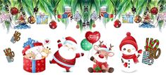 christmas decorations with santa claus and reindeers in front of palm trees, snowman and gifts