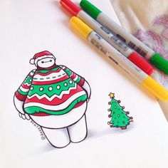 a drawing of a snowman with a christmas sweater on and a tree next to it