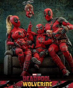 the deadpool movie poster is shown in red and black with two women sitting on a couch