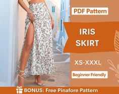 a woman standing next to a wall wearing a skirt and high heeled sandals with the text iris skirt xs - xxl beginner friendly