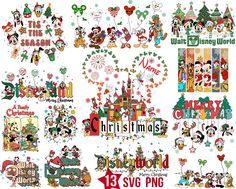 various christmas stickers are shown on a white background, including mickey mouse and other holiday related items