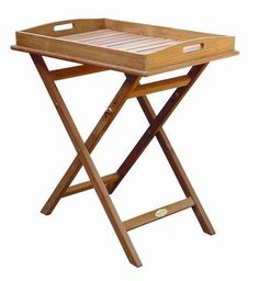 a wooden tray on a folding table with two legs and an open lid for the tray