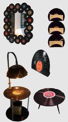 an assortment of vintage record player's and table lamps are featured in this image