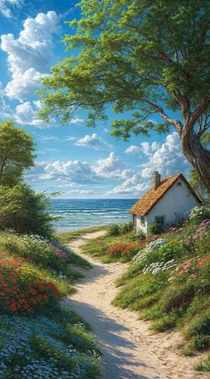 a painting of a path leading to a house on the beach with flowers and trees