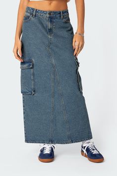 Maxi skirt Back slit Utility style pockets Denim fabric 100% Cotton Model wears size S Model height is 5'7 Item care: Wash with similar color Visionary Fashion, Utility Style, Denim Cargo, Womens Maxi Skirts, Denim Maxi, Swimwear Dress, Denim Maxi Skirt, Knit Blazer, Cargo Skirt