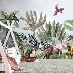 an animal themed bedroom with zebras, birds and tropical plants on the wall mural