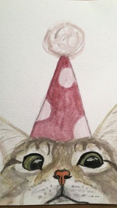 a drawing of a cat wearing a red and white party hat with big green eyes