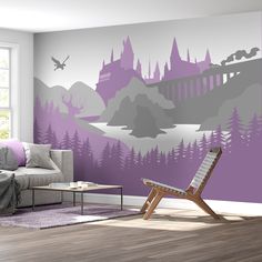 a living room with purple and grey wallpaper in the shape of castle on it