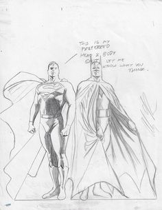 a pencil drawing of batman and supermangirl standing next to each other in front of a white background