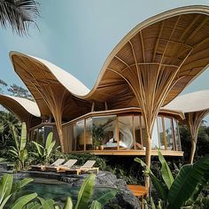 an artistic rendering of the inside of a house with wooden roofing and palm trees surrounding it