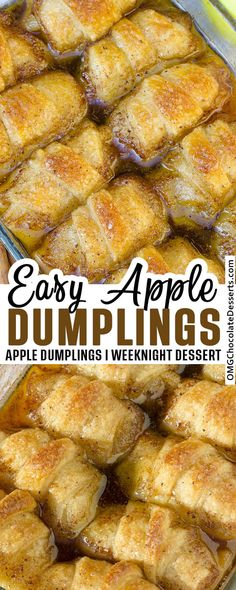 an apple dumpling in a baking pan with the words, honey woman's apple dumplings