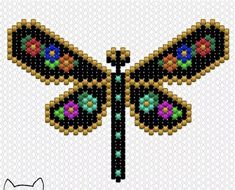 a cross stitch pattern with a dragonfly on it's wings and a cat sitting next to it