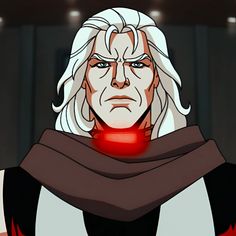 an animated image of a man with white hair wearing a red collar and black shirt