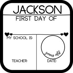 a black and white drawing of a first day of school card with hearts on it