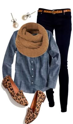 Chambray, black pants or leggings, leopard flats, neutral scarf Outfits With Scarf, Leopard Loafers, Cheap Clothing, Leopard Print Shoes, Cute Fall Outfits, Casual Winter Outfits, Clothing Stores