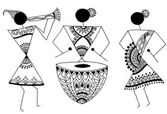 three african women with different designs on their body, one holding a drum and the other carrying