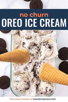 no churn oreo ice cream in a glass dish with cookies on the side