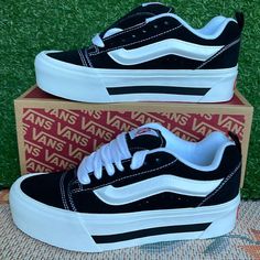 New In The Box Authentic Women’s Vans Knu Stack Nostalgia Black/White Vn000cp6ba2 Platforms Sneakers Vans For Women, Swag Clothes, Platforms Sneakers, Vans Black And White, Shoes Vans, Downtown Girl, Vans Black, Vans Sneakers