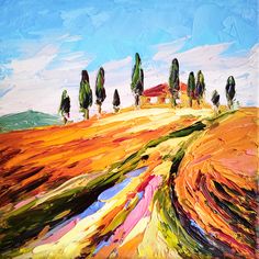 an oil painting of trees on top of a hill