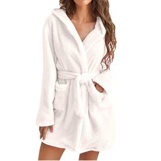 PRICES MAY VARY. 【Material】This thick plush robe is made of wool fabric, which is soft, warm, skin-friendly and lightweight. 【Function】Two front patch pockets allow you to store your phone, remote control or other essentials and are warm enough for your hands. 【Closing】Each bathrobe comes with an adjustable waistband that helps to securely close the bathrobe from the front. closure 【Design】The bathrobe is soft and fluffy and can be worn all day; This bathrobe features a classic design with a hoo Winter Robes, Soft Robes, Hooded Robe, Pajama Robe, Womens Robes, Womens Fleece, Womens Loungewear, Womens Clothing Sizes, Sleepwear Women