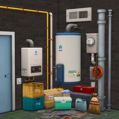 a room filled with different types of water heaters and other items on the floor