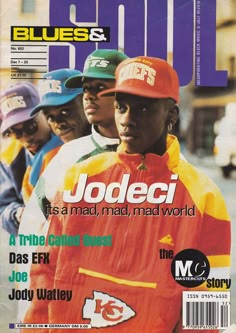 a magazine cover with three young men on the front and one is wearing a red hat