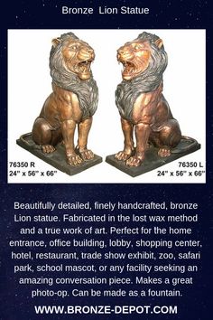 two bronze lions sitting next to each other on top of a white background with the words bronze