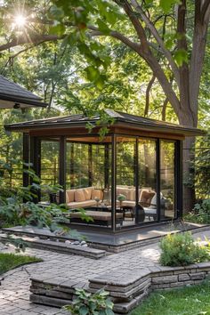 an outdoor living area in the middle of a park