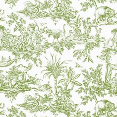 a green and white wallpaper with various animals on the side, plants and trees