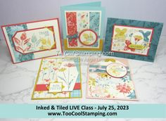 four cards with flowers on them and the words inked & tied live class - july 25, 2013